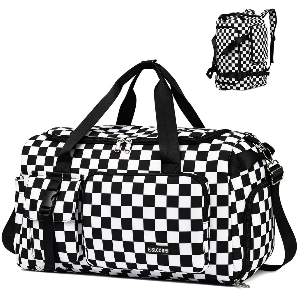 Gym Travel Duffel Bag Backpack with Shoe & Wet Pocket, Check Black