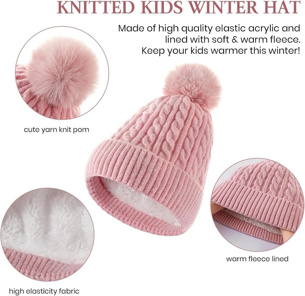 Kids Winter Hat Gloves Scarf Set, Winter Hats and Gloves for Girls with Pom, Neck Warmer Thick Lining Set