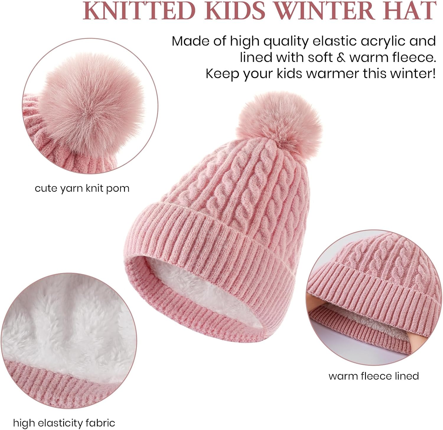 Kids Winter Hat Gloves Scarf Set, Winter Hats and Gloves for Girls with Pom, Neck Warmer Thick Lining Set