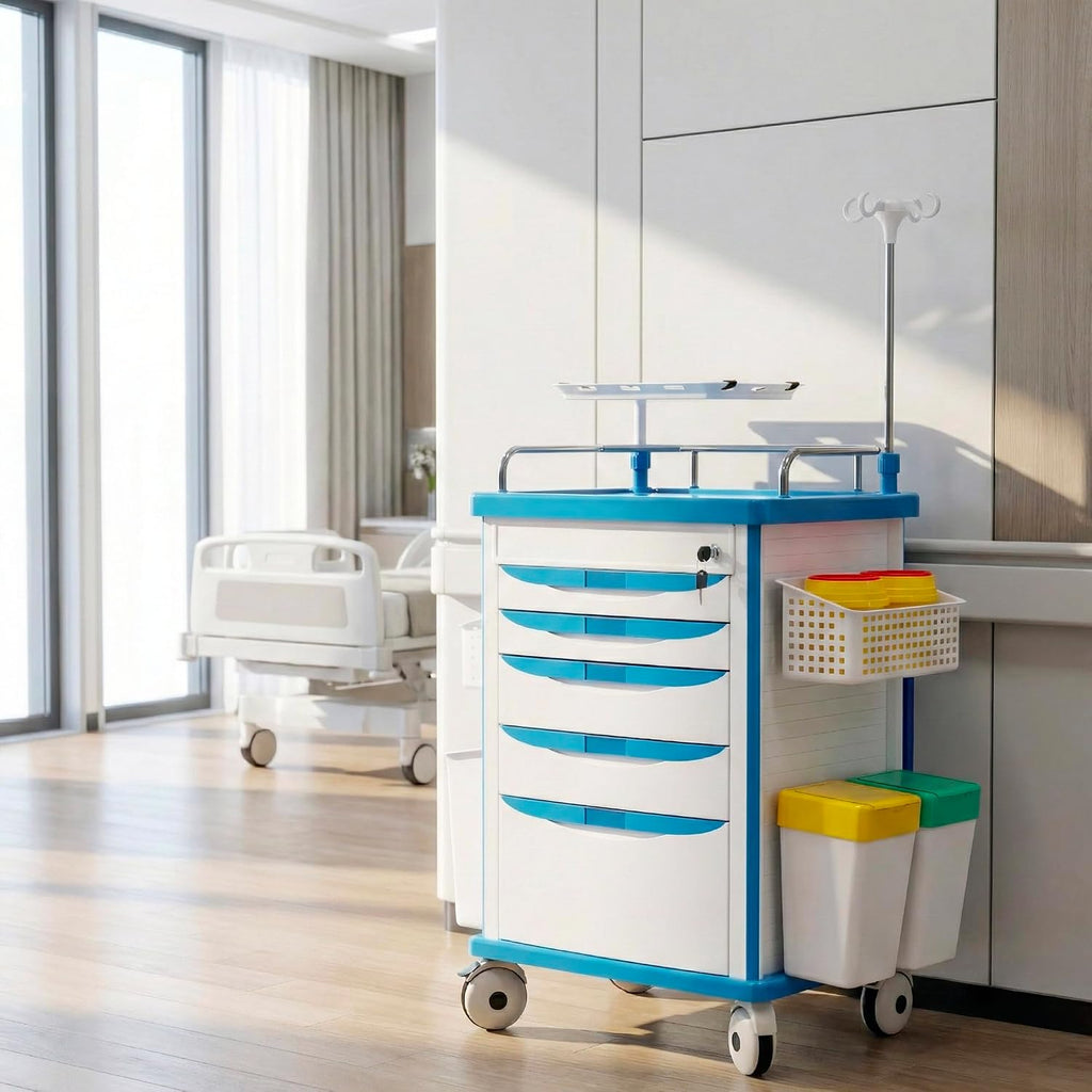 Medical Rolling Storage Crash Cart with Wheels, 5-Tier Medical Cart with Drawers, Adjustable IV Pole, Trash Bin & O2