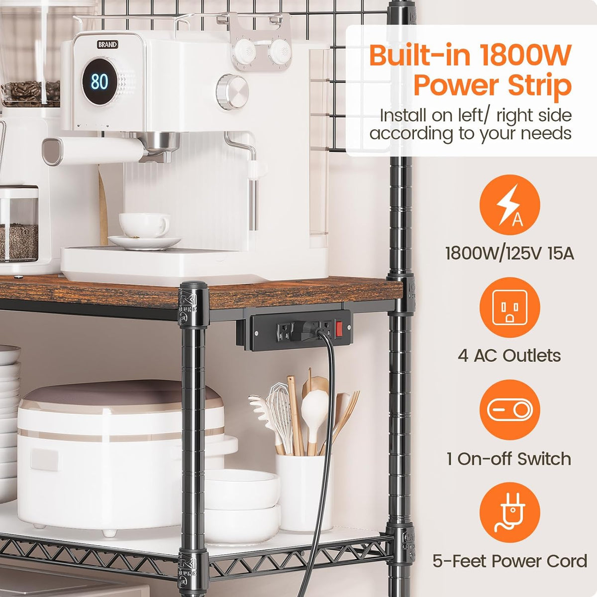 Bakers Rack with Power Outlet & Storage,36In Microwave Stand Kitchen Cart
