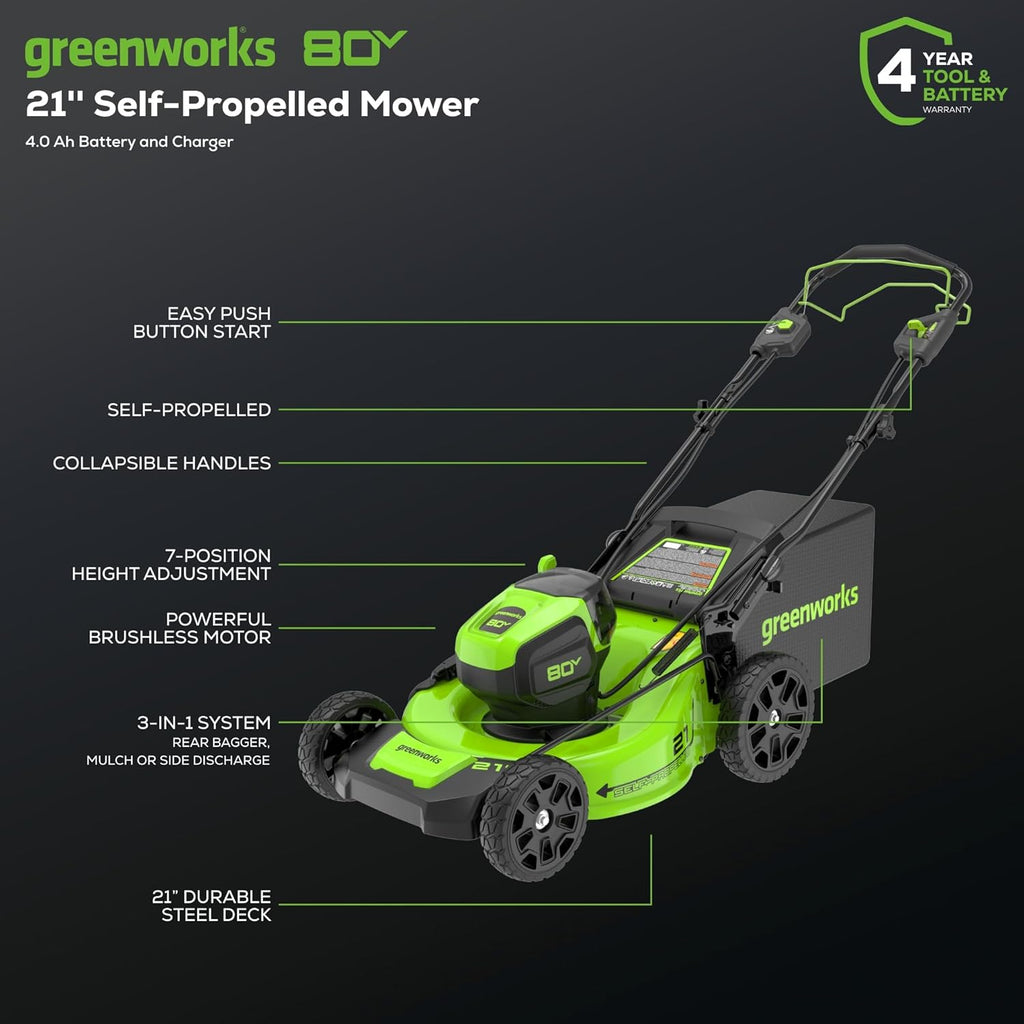 80V 21" Brushless Cordless (Self-Propelled) Lawn Mower (75+ Compatible Tools), 4.0Ah Battery and 60 Minute Rapid