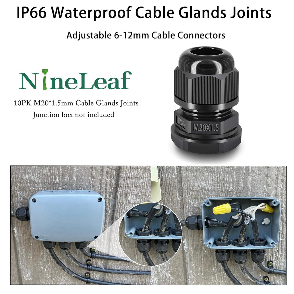 NineLeaf 10 Piece Waterproof Cable Glands Joints Adjustable 6-12mm Cable Connectors,M20x1.5 Black Compression Cable Glands Joints 20mm Diameter Titting Hole Glands, IP66 for Outdoor Use