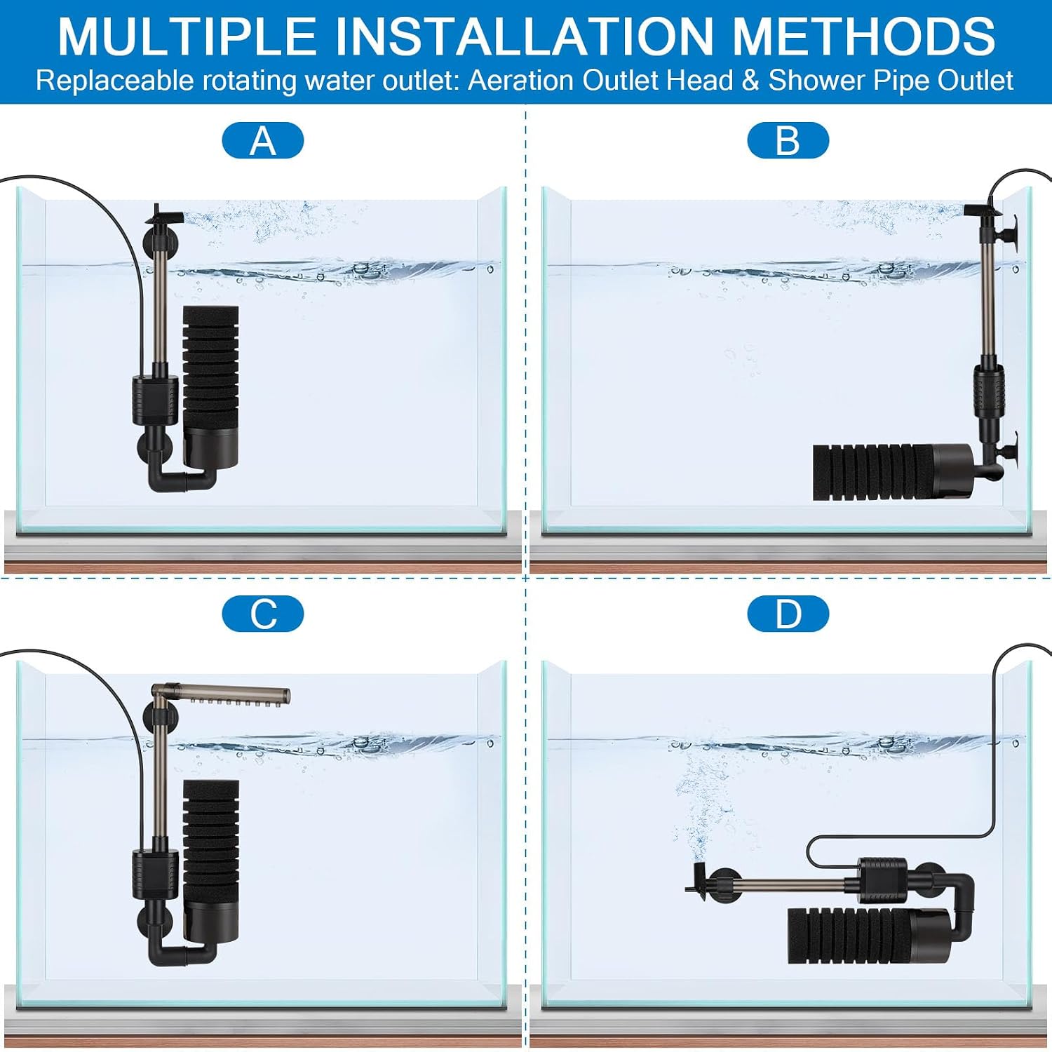 USB Single Sponge Filter, Small Aquarium Filter with Adjustable Hanging Clip and Suction Cup, Duckbill Outlet, Rain