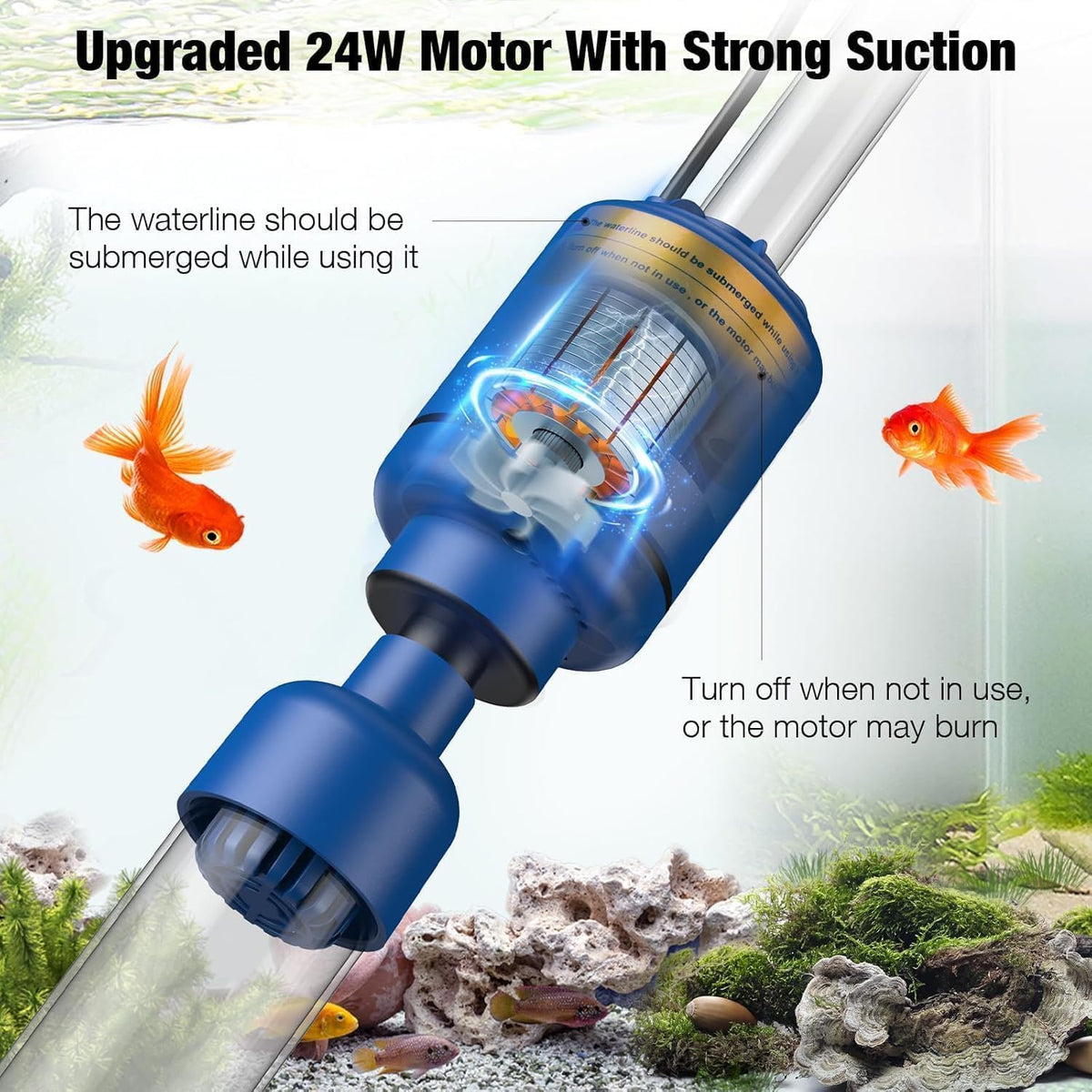 Aquarium Vacuum Gravel Cleaner, 24W Electric Fish Tank Cleaner Vacuum, 6 in 1 Multifunctional Aquarium Cleaner for