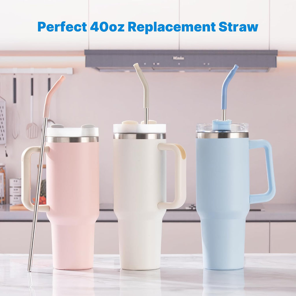 Metal Straw with Silicone Tip for 40oz Stanley Cup, 2 Pcs Stainless Steel Straws Replacement for Stanley 40 oz