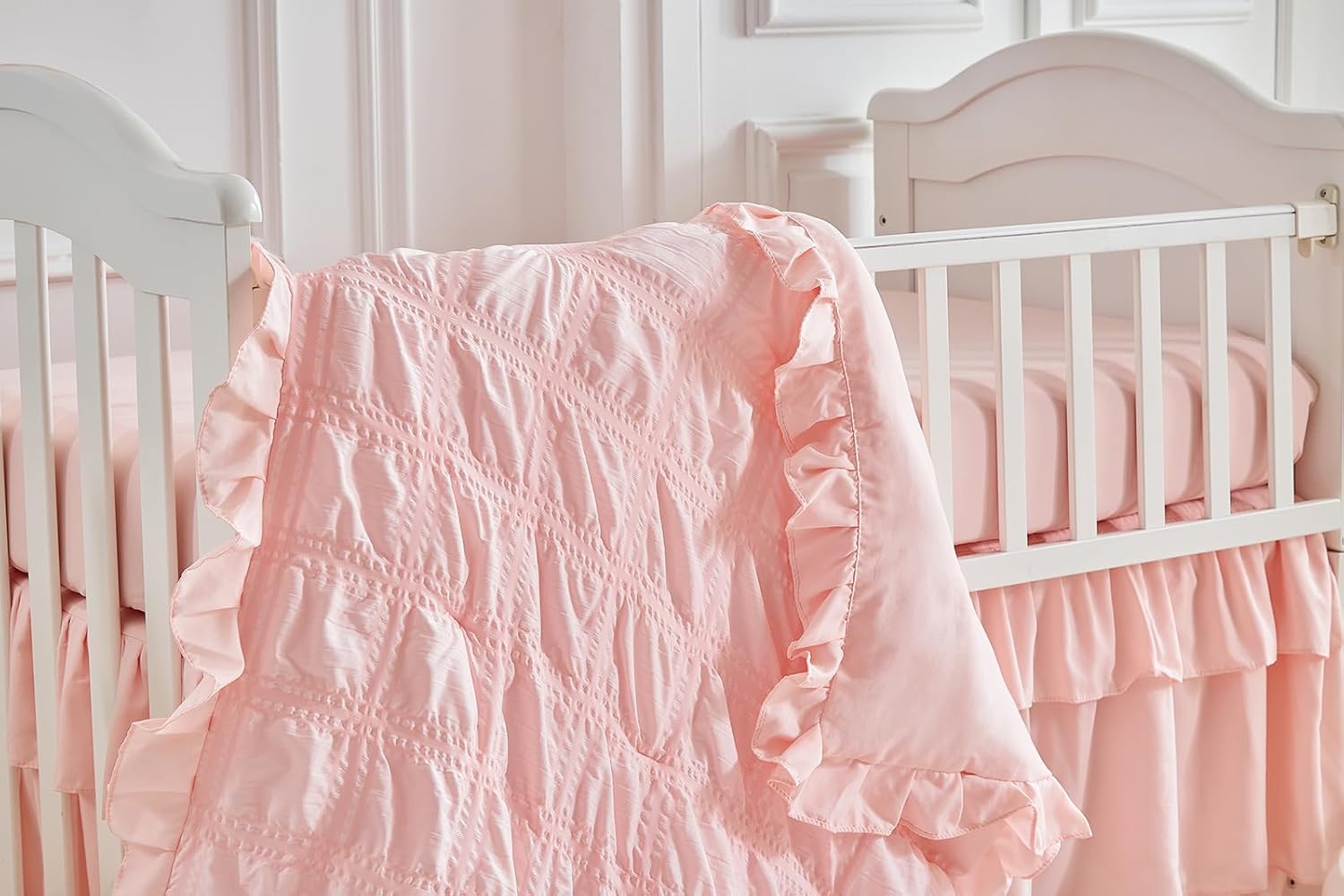 Ruffled Crib Bedding Set Baby Boho Quilted Comforter with Fitted Sheet and Bed Skirt - Cute Soft Breathable