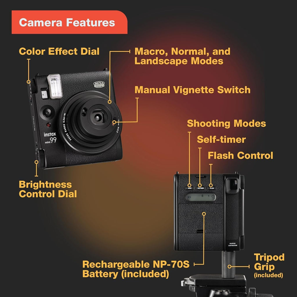 Instax Mini 99 Instant Camera Vintage Black. + Value Pack (40 Sheets) Shutter Accessories Bundle, Includes Style