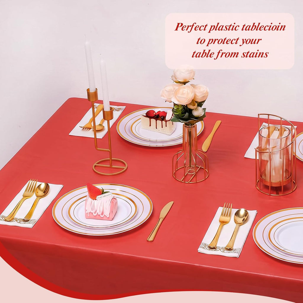 54 Inch x 300 Feet Red Plastic Tablecloth Roll with Cutter Box