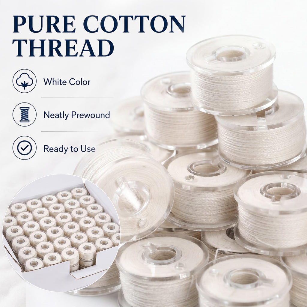 144 Pcs Cotton Prewound Bobbin Thread, Cream White, 40s/2(60wt)