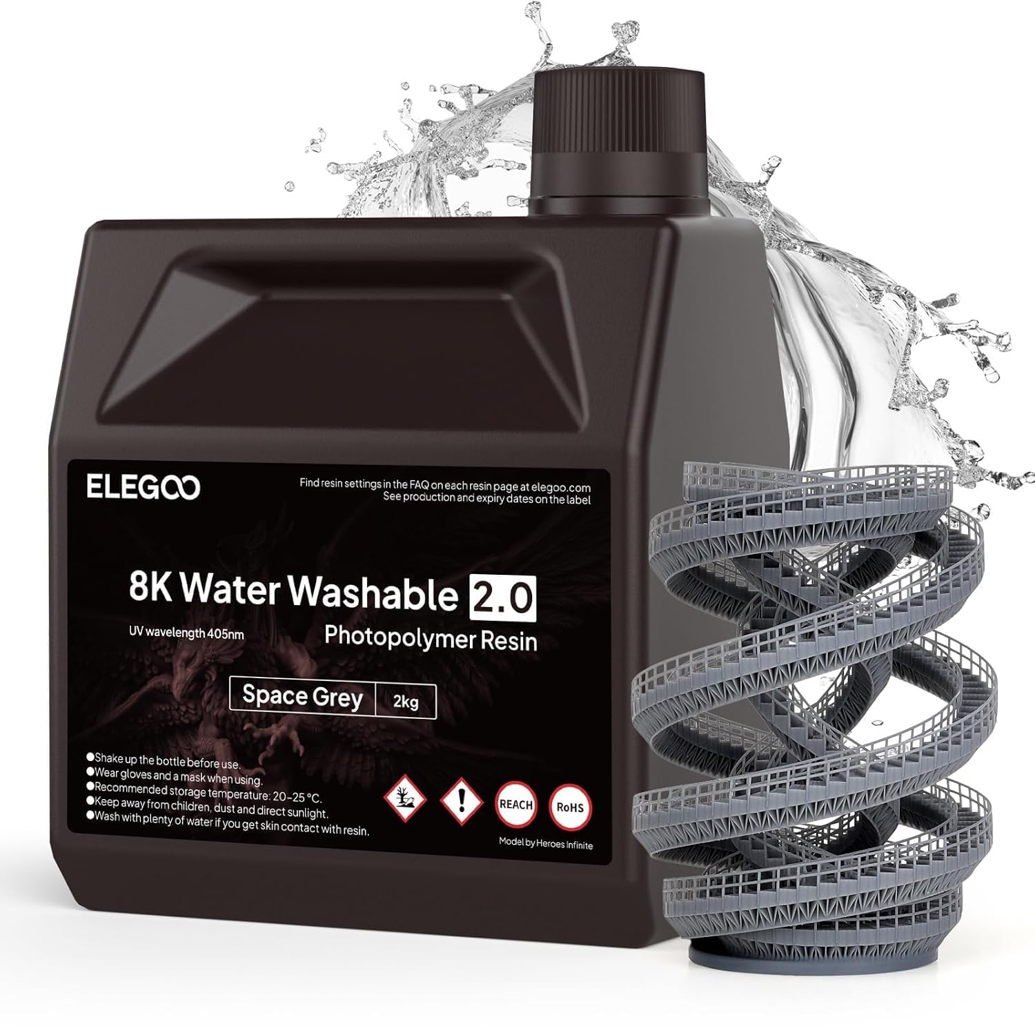 ELEGOO 8K Water Washable Resin 2.0, 365-405nm UV-Curing 3D Printer Resin with High Precision, Lower Viscosity, Higher