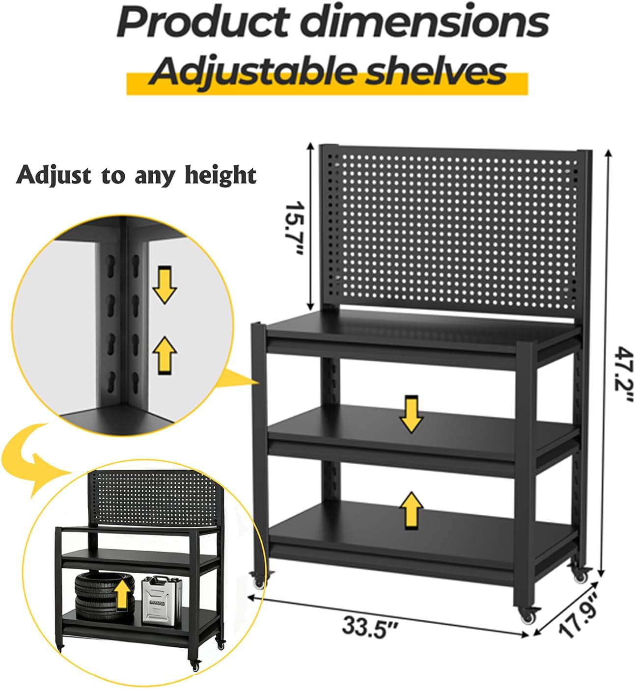 Garage Workbench with Pegboard, Tool Storage Rolling Work Table on Wheels | Portable workbench with lockable wheel