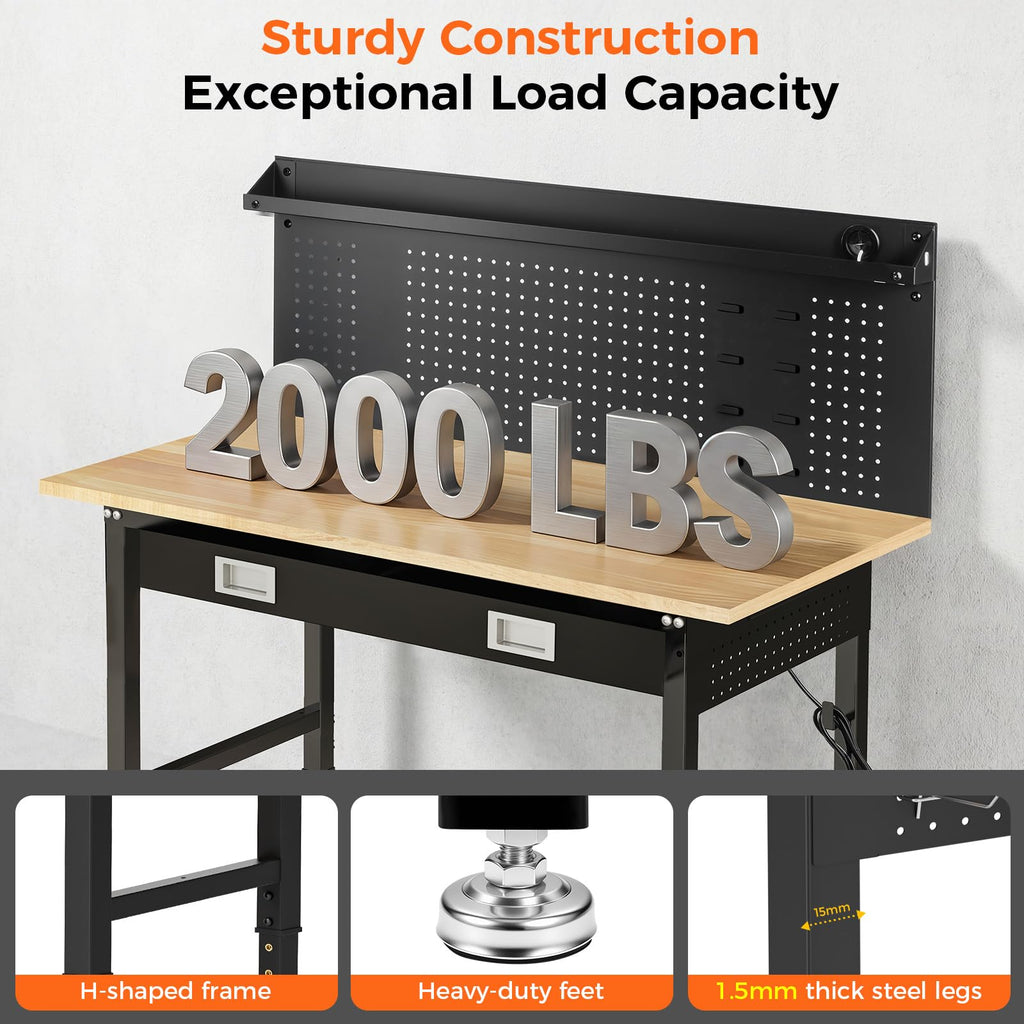 60" Adjustable Work Bench with Drawers, Workbench for Garage with Strip Light, Work Table with Large Pegboard, 2000
