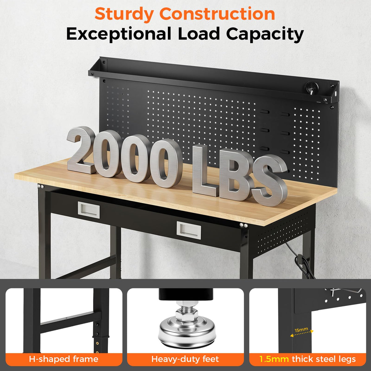 60" Adjustable Work Bench with Drawers, Workbench for Garage with Strip Light, Work Table with Large Pegboard, 2000