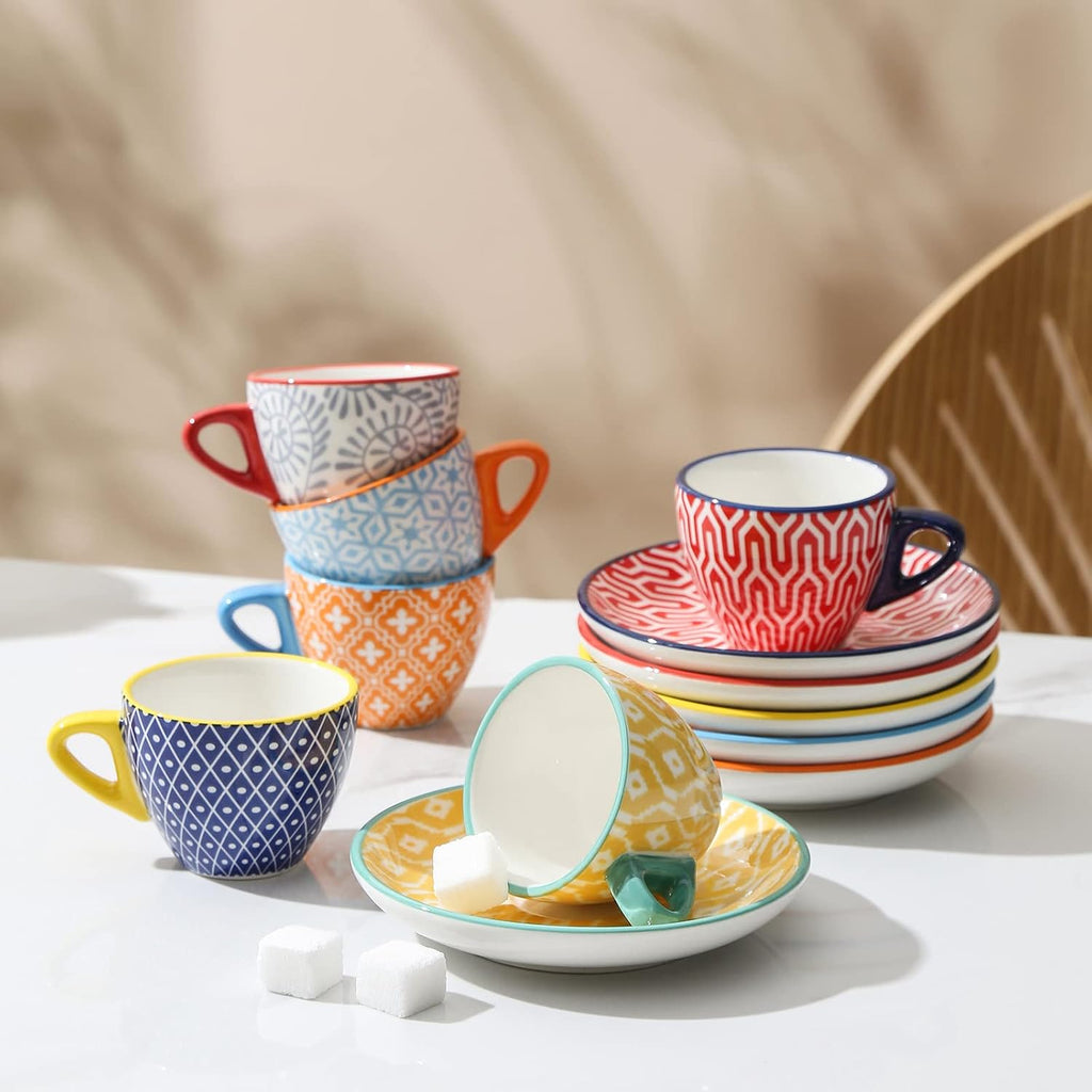 Ceramic 2 OZ Espresso Cups with Saucers, Set of 6, Assorted Colors
