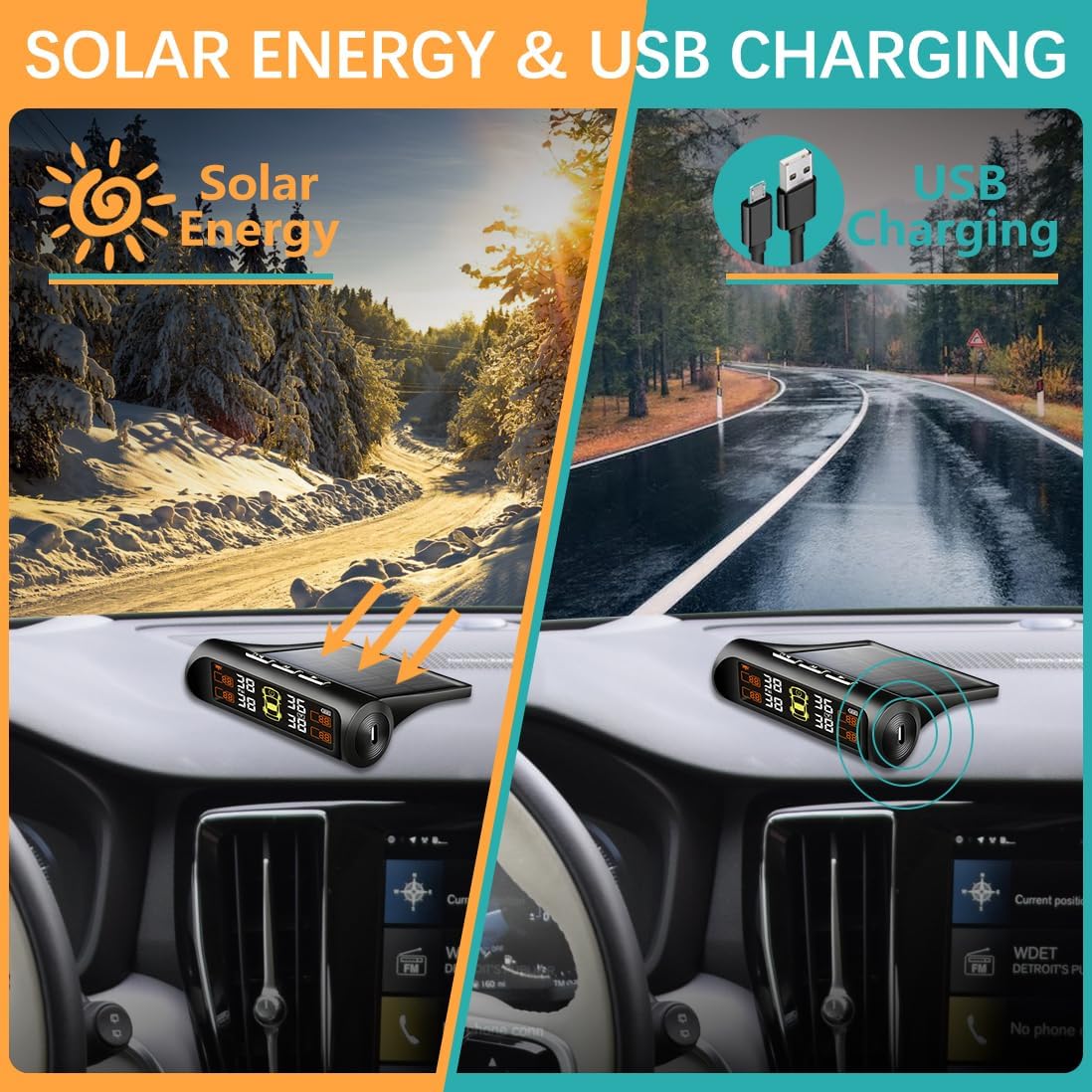 Tire Pressure Monitoring System - TPMS Tire Pressure Monitor System with Solar Charger, TPMS with 4 External sensors