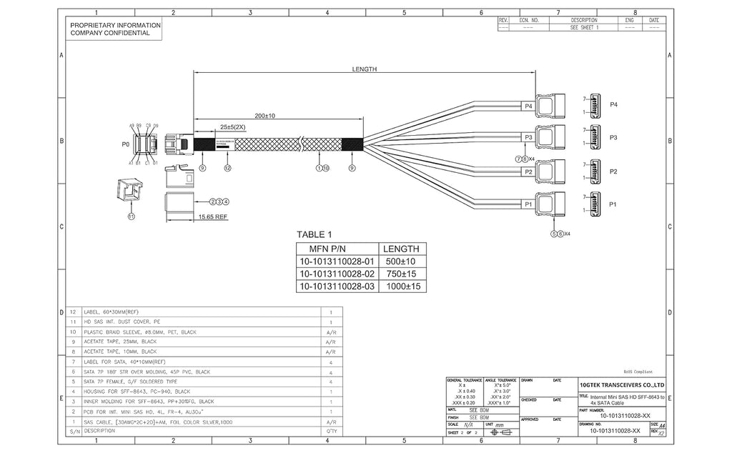10Gtek MiniSAS HD SFF-8643 Breakout to 4xSATA Cable, for Server JBOD/Storage Tray & SAS RAID Controller Compatibility, 0.75~0.8m(2.46~2.62ft)