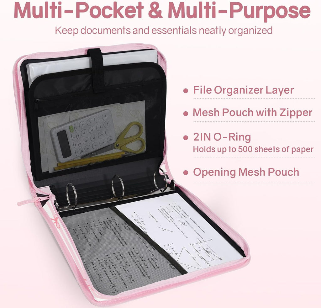 Zippered Binder Bag with Handle, 2-Inch 3-Ring O-Ring, 500-Sheet Capacity, Includes Zip Pocket, 5-Tab Expanding File