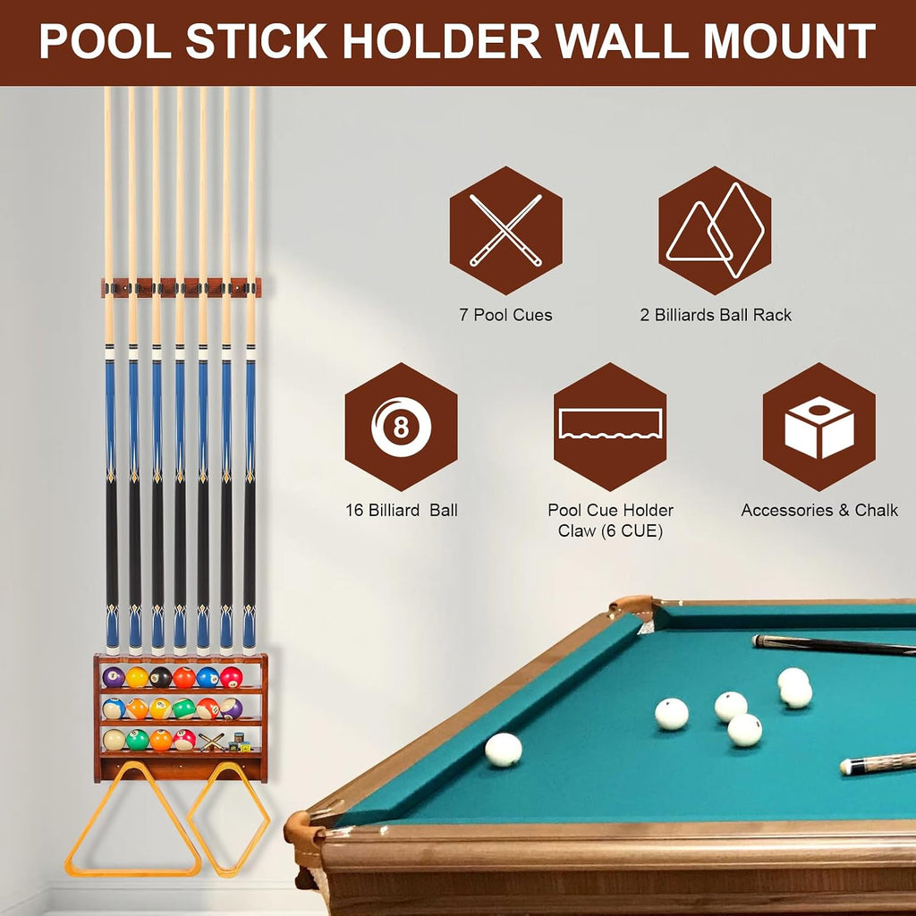 Pool Stick Holder - 7 Pool Cue Rack Wall Mount With Cue Rest and Ball holder, Wooden Pool Table Accessories Equipment