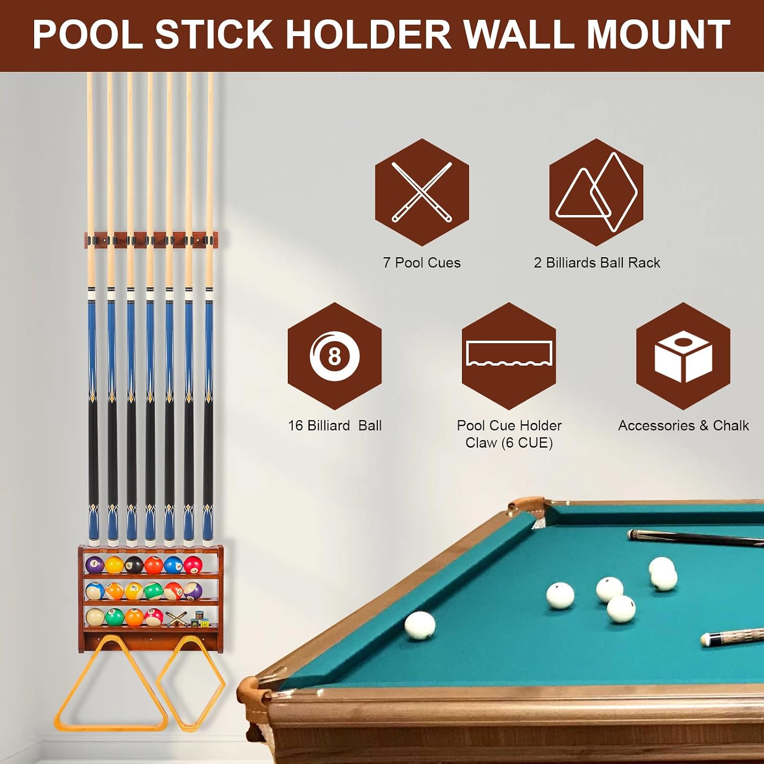 Pool Stick Holder - 7 Pool Cue Rack Wall Mount With Cue Rest and Ball holder, Wooden Pool Table Accessories Equipment