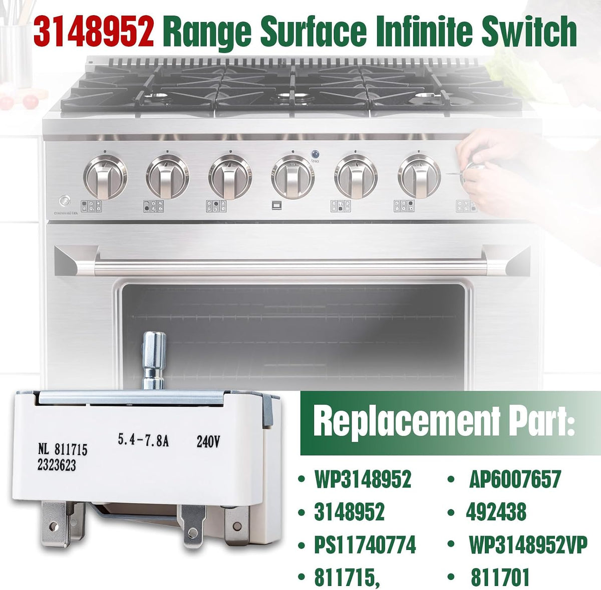 3148952 WP3148952 Range Surface Burner Infinite Switch Replacement – 240V Electric Stove Top Control for Whirlpool Maytag Amana KitchenAid Kenmore – Replaces AP6007657 PS11740774 – Fits 6 Inch Element