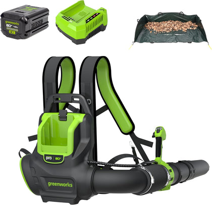 80V 800 CFM Cordless Backpack Blower with Leaf Tarp - 4.0Ah Battery & Rapid Charger, Cruise Control, Turbo Button, 4