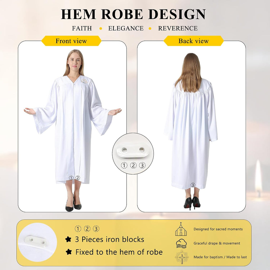 Baptism Robes with Weighted Hem Adults Water Baptismal Gown with Embroidered Dove for Church Officiant White