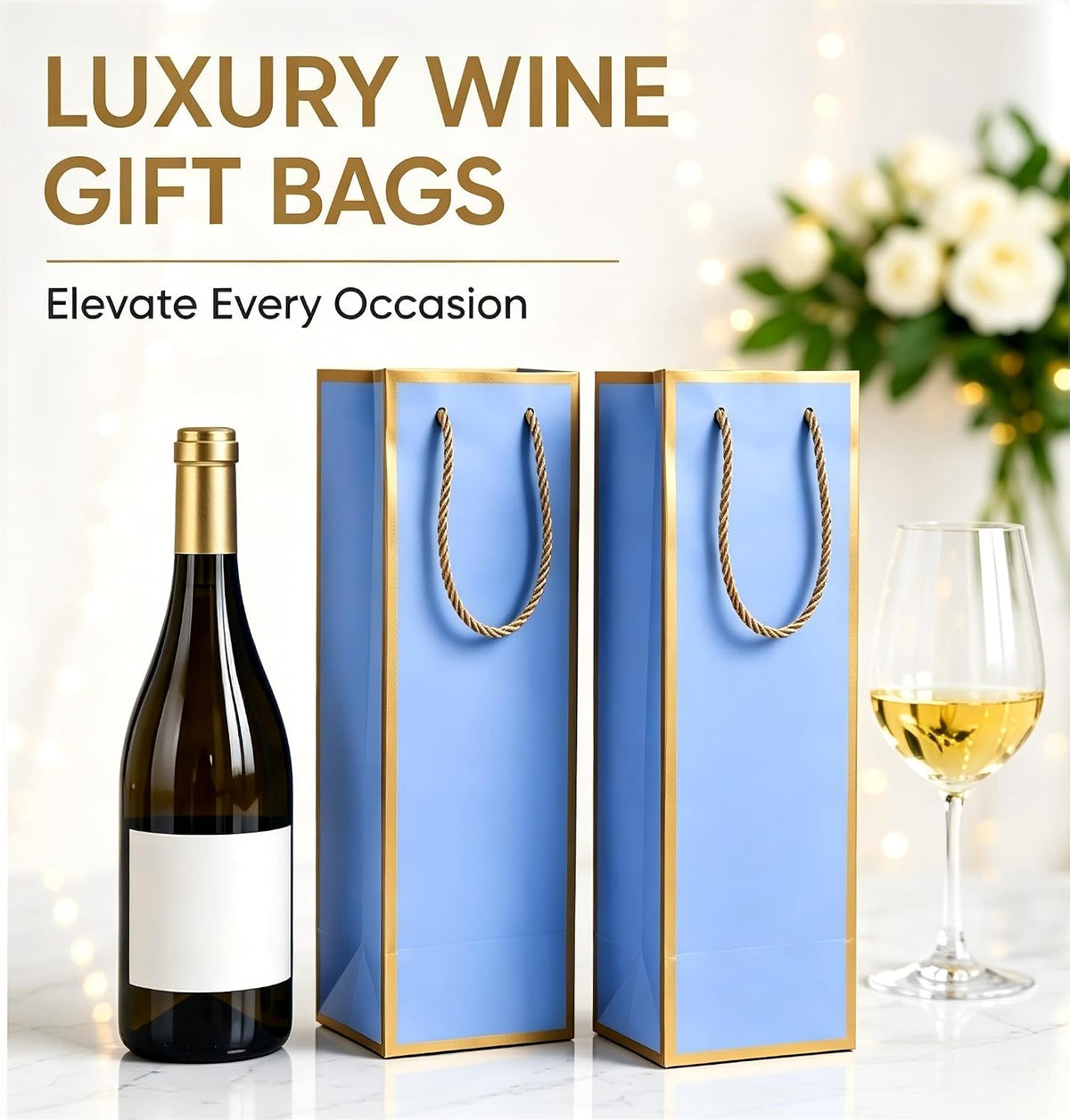 2 Pack Blue Wine Gift Bags, 14" Premium Paper Bottle Bags w/Handles