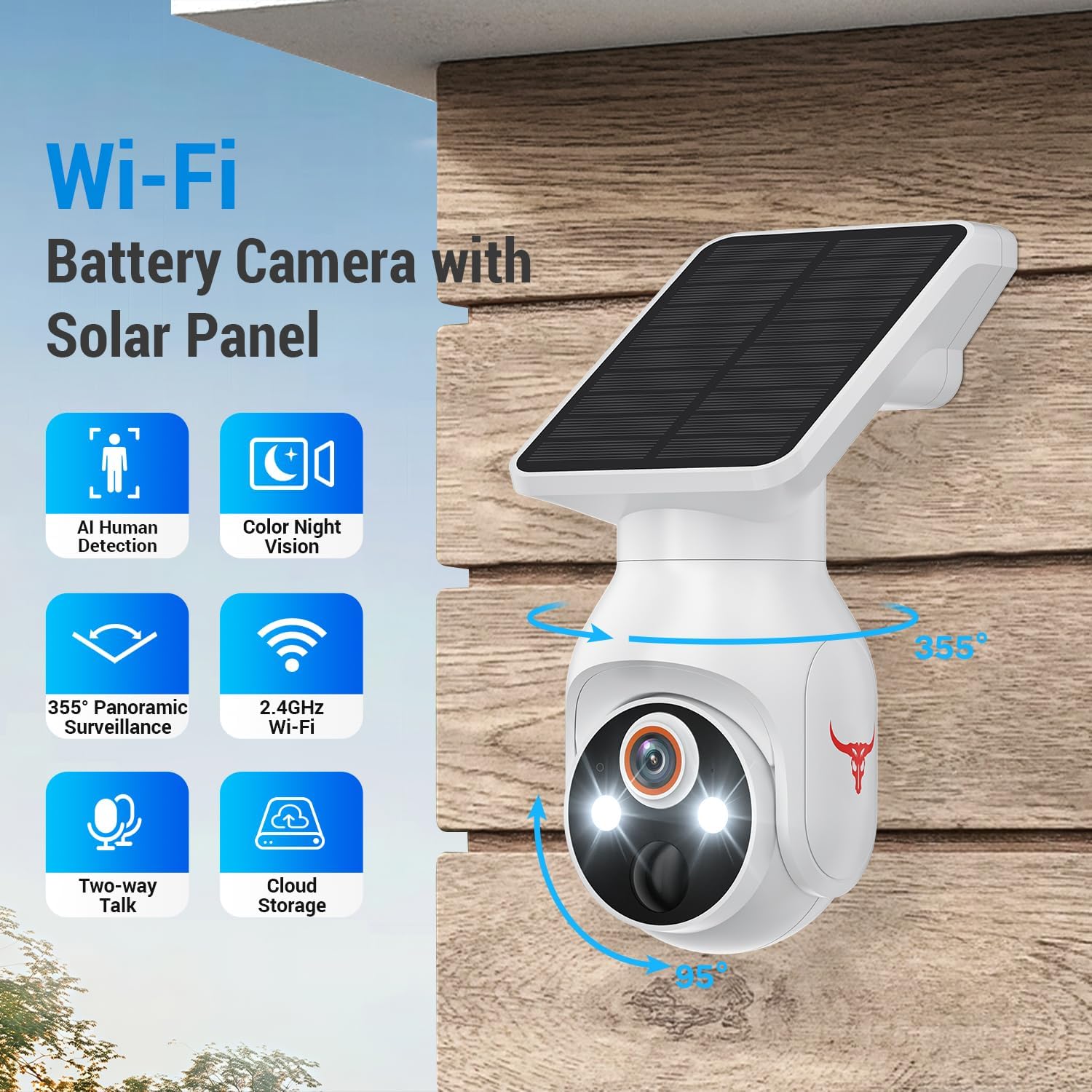 1080p Security Camera Wireless with Solar Panel, AI Human Detection, 2-Way Audio, Color Night Vision, Cloud Storage