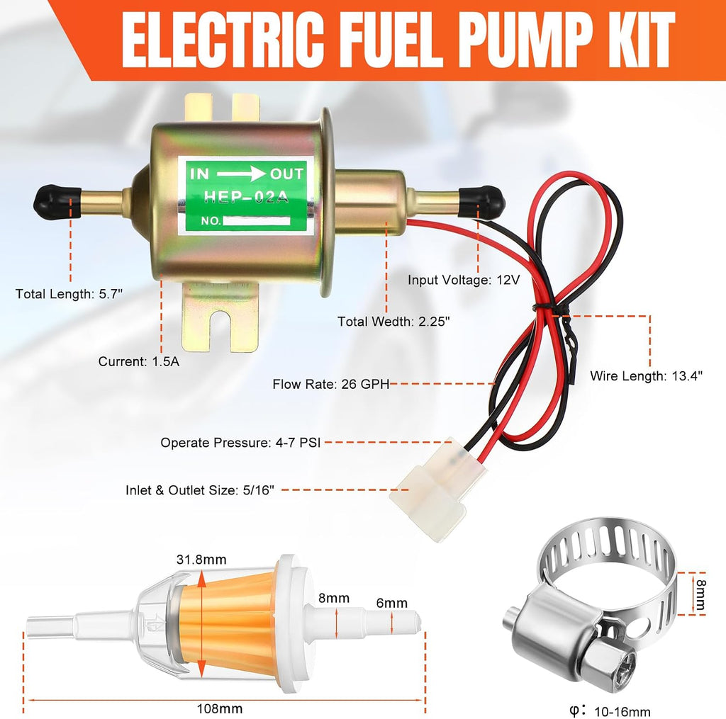 2 Pcs Electric Fuel Pump Kit 12v Universal Low Pressure 4-7 Psi Gas Diesel Inline Pump with 2 Fuel Filter and 8 Hose