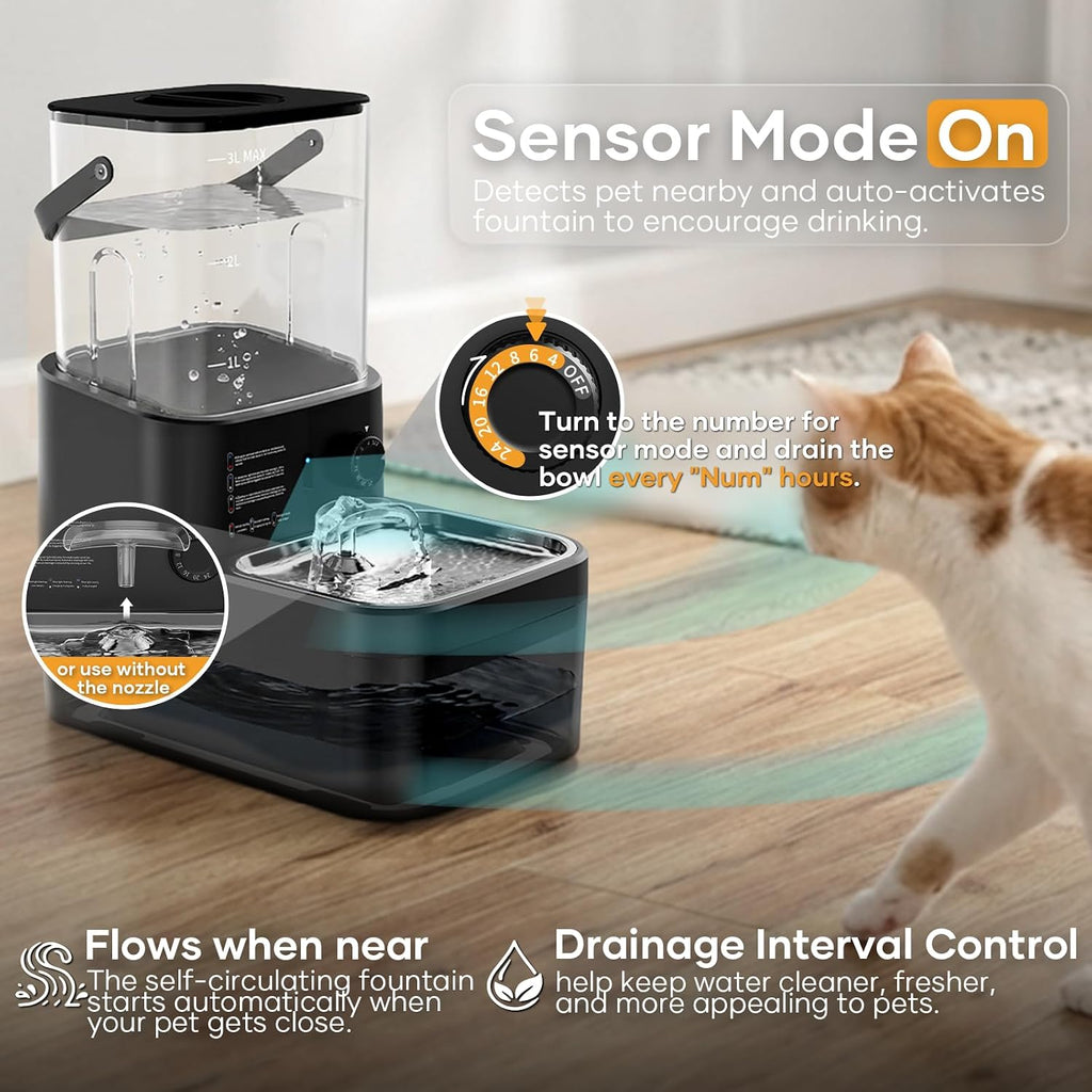 3L Filterless Cat Water Fountain, Wireless, Wastewater Separation,Black