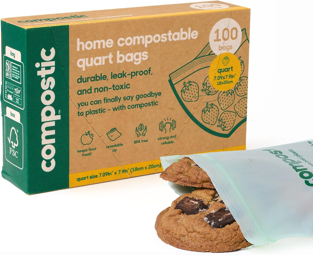 Compostable Quart Bags, 100 Ct, Resealable Zip Food Storage Bags