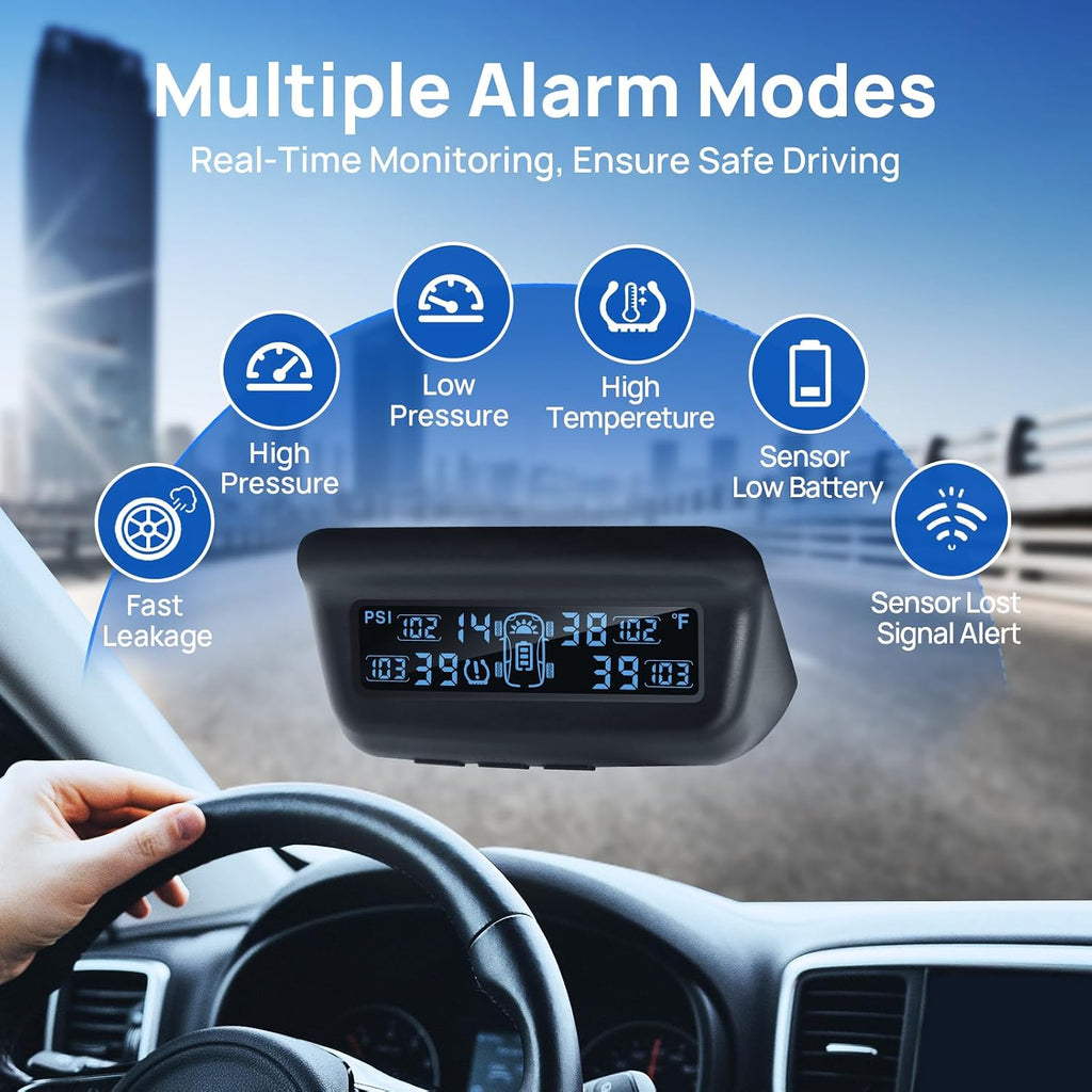 M13 Tire Pressure Monitoring System, RV/Trailer TPMS with 4 Sensors | Solar Charging, Auto Calibration, LCD Display