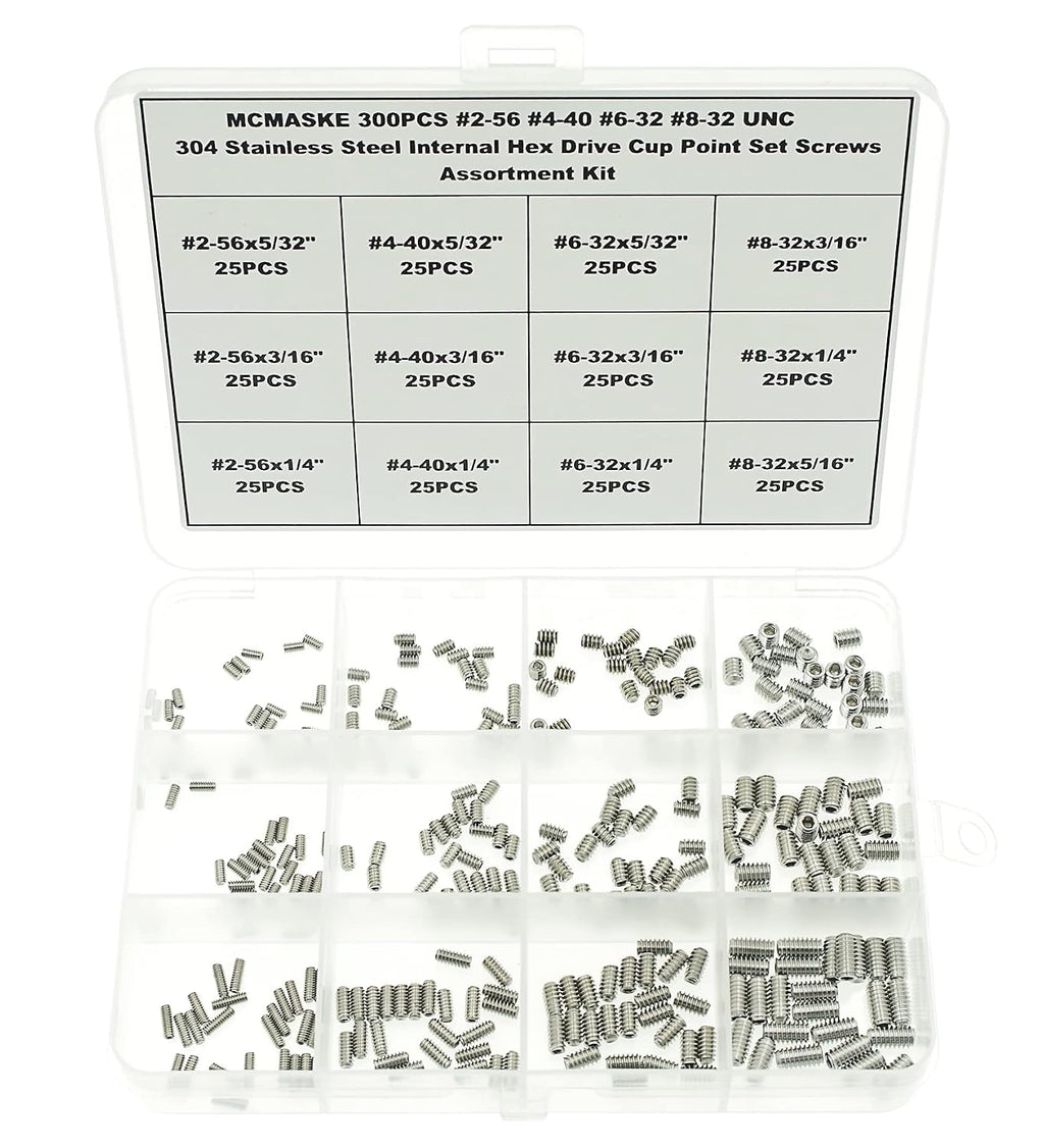 300PCS #2-56#4-40#6-32#8-32 UNC 304 SS Cup Point Set Screws Kit