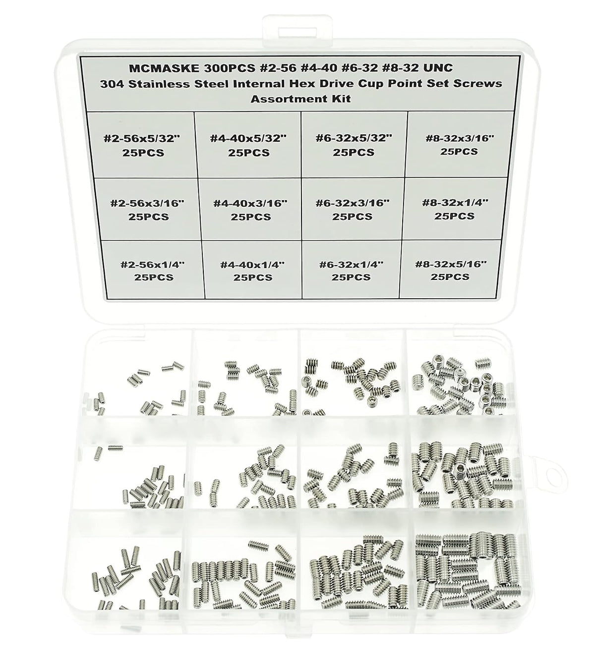 300PCS #2-56#4-40#6-32#8-32 UNC 304 SS Cup Point Set Screws Kit
