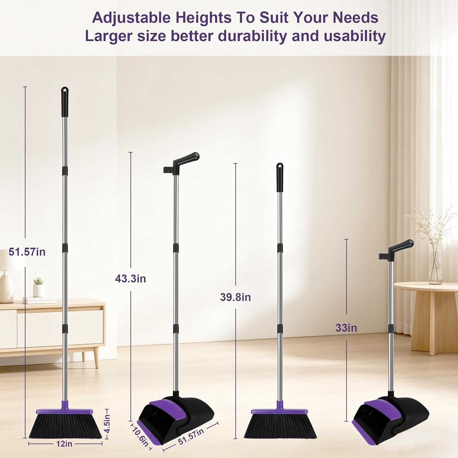 Broom and Dustpan Set, Upright Purple Broom with Dustpan Combo Set 51" Long Handle, Self Cleaning Dust Pan for Home