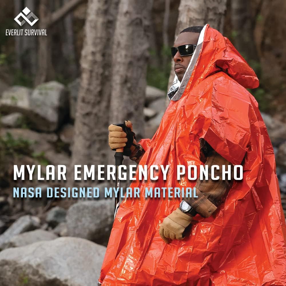 Survival Rain Poncho - Mylar Space Blanket for Camping Gear - Retains 90% Body Heat - Emergency Blanket