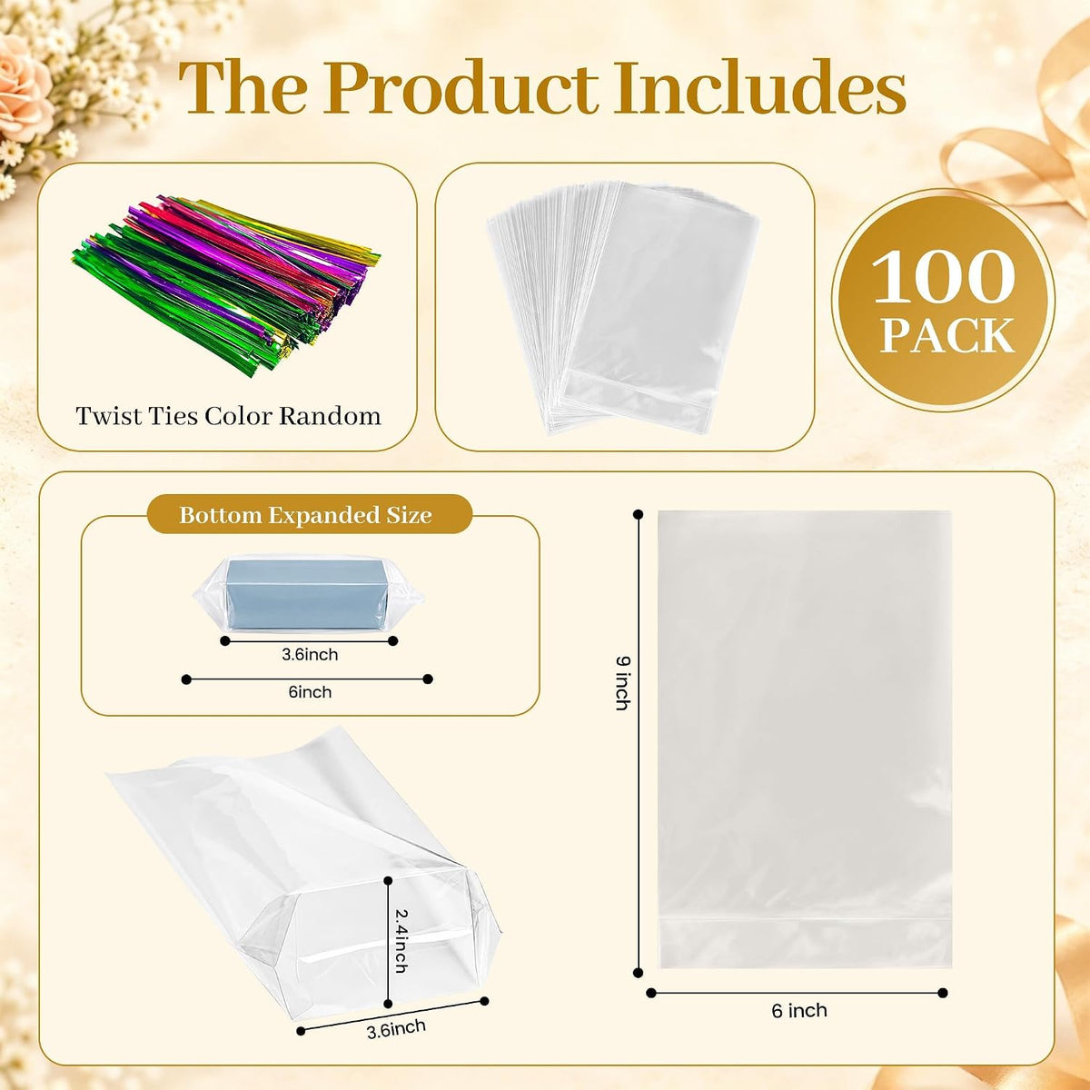 Halloween Treat Bags,100 Pack Gusseted Bags 6x9x2.4 in, with ties