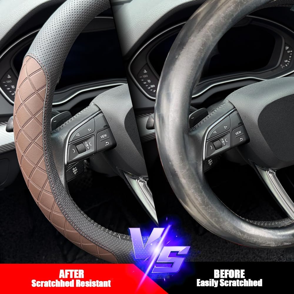Nappa Leather Steering Wheel Cover,Elegant Diamond Checkered Design, Non-Slip wear-Resistant, Enhance Driving