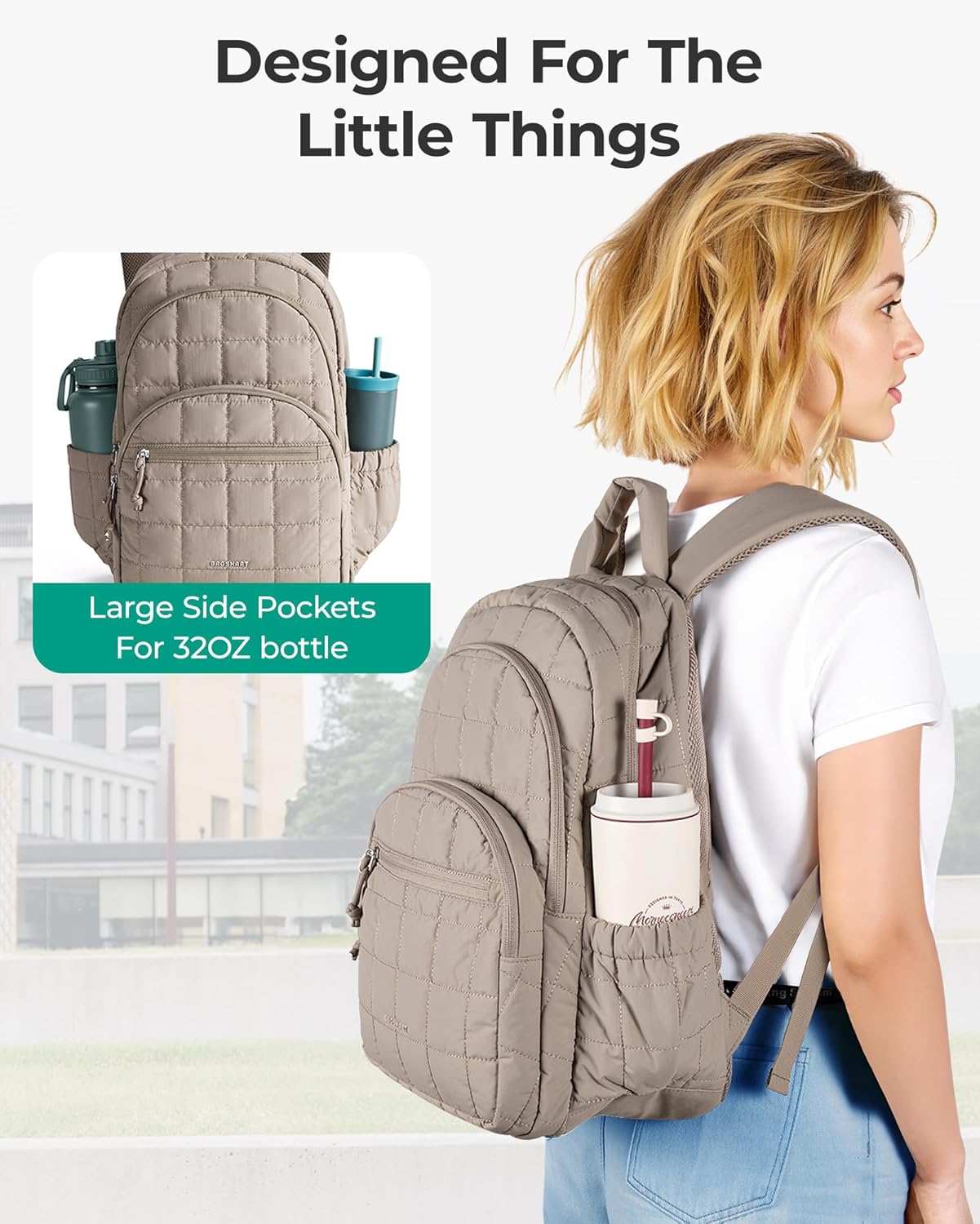 College Laptop Backpack, Travel Backpack for Women, Quilted Casual Daypack, Water-Resistant Bookbag for 15.6 Inch