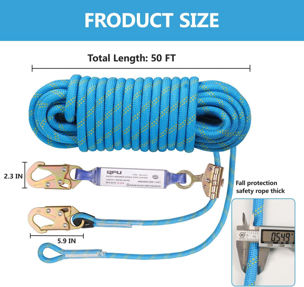 Heavy Duty Fall Protection Rope for roof & tree climbing. Includes safety harness, alloy steel clips, shock-absorbing