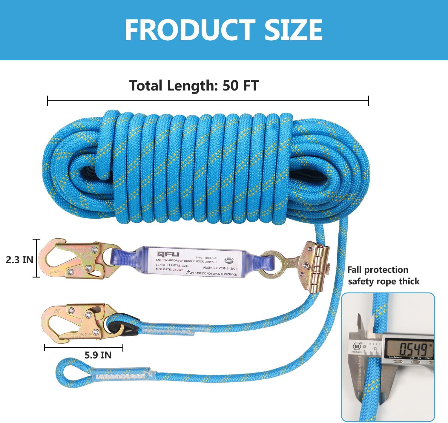 Heavy Duty Fall Protection Rope for roof & tree climbing. Includes safety harness, alloy steel clips, shock-absorbing