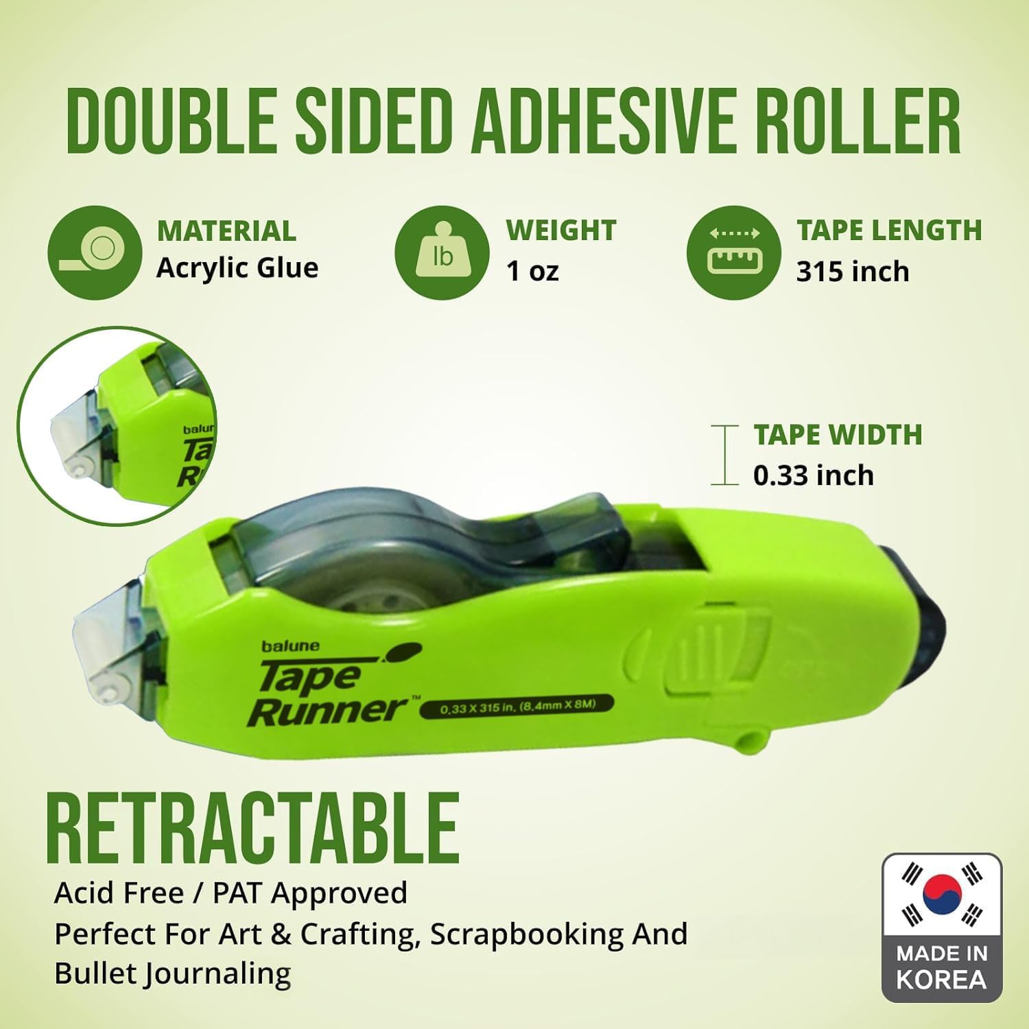 Double Sided Tape with Retractable Dispenser Roller - Permanent, Acid Free, Transparent - 2 Runners & 8 Refill