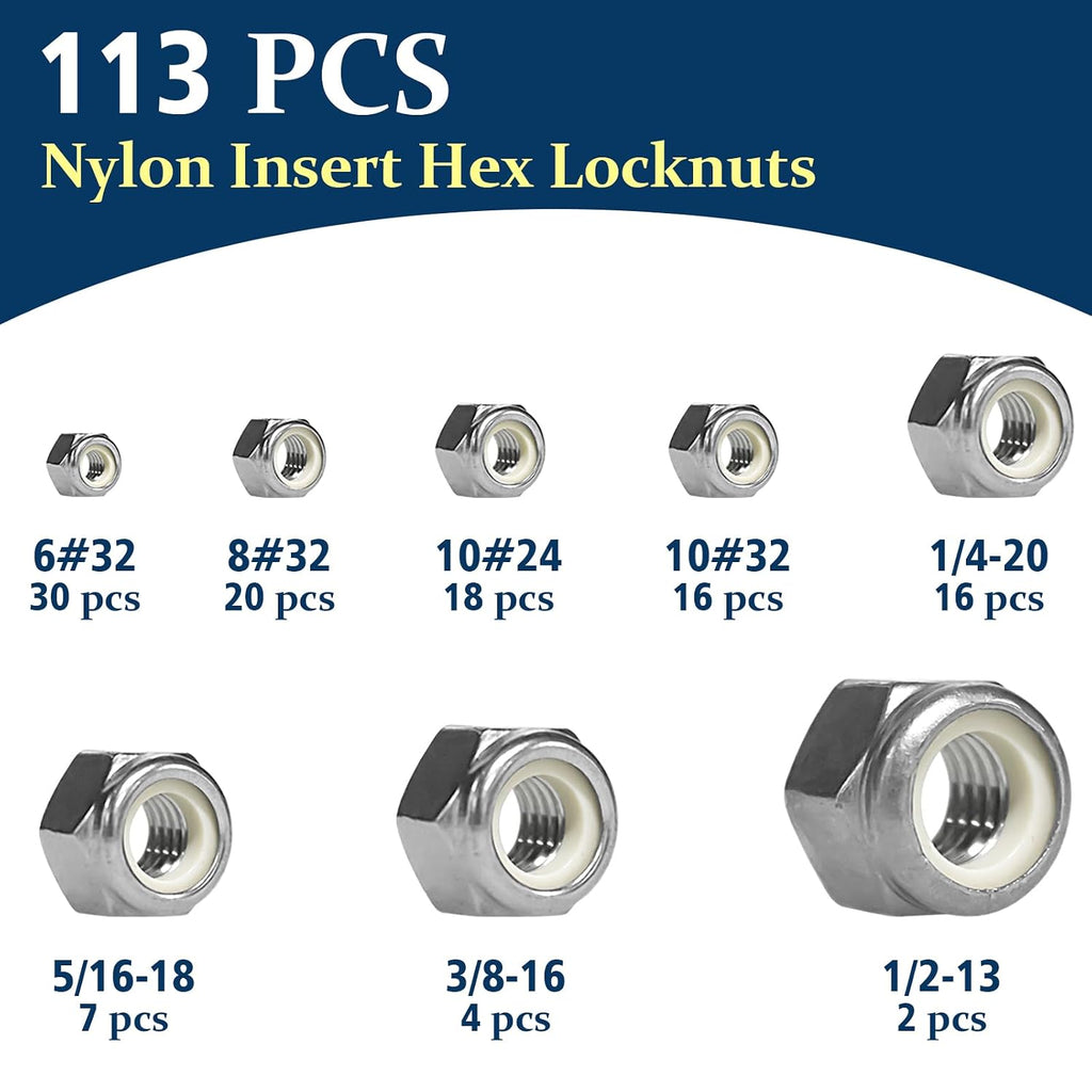 SAE Lock Nut Assortment Kit 113Pcs, #6-1/2 Stainless Locking Nut