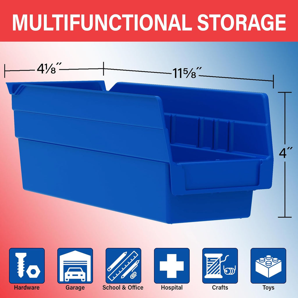 Heavy Duty Plastic Shelf Bins, 12"x 4"x 4", Blue, 24-Pack