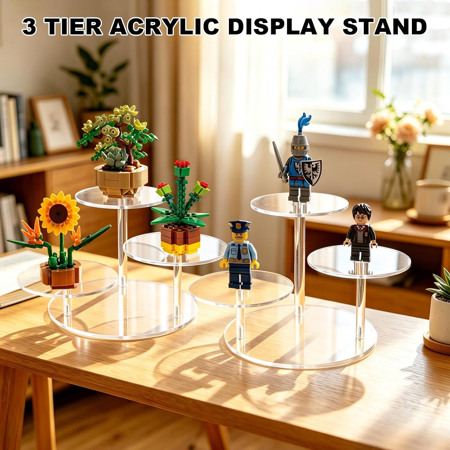3 Tier Acrylic Display Stand, Clear Display Risers for LEGO Botanicals & Mini Figures, Tabletop Display Shelf for