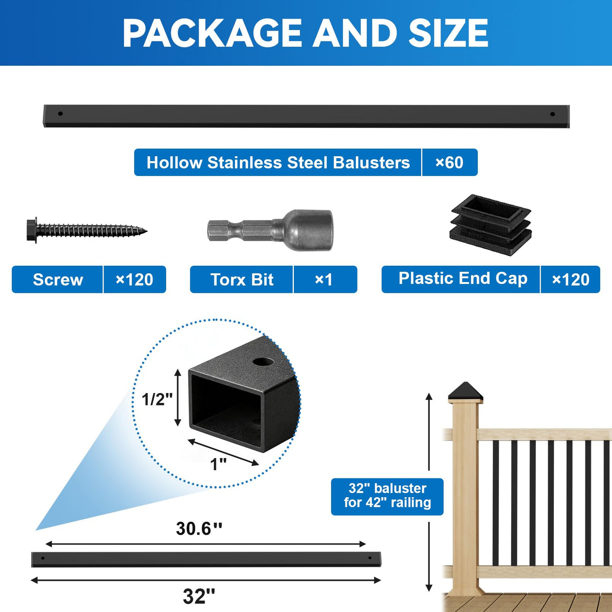 60 Pack 32" Deck Balusters, Metal Balusters for Deck Railing