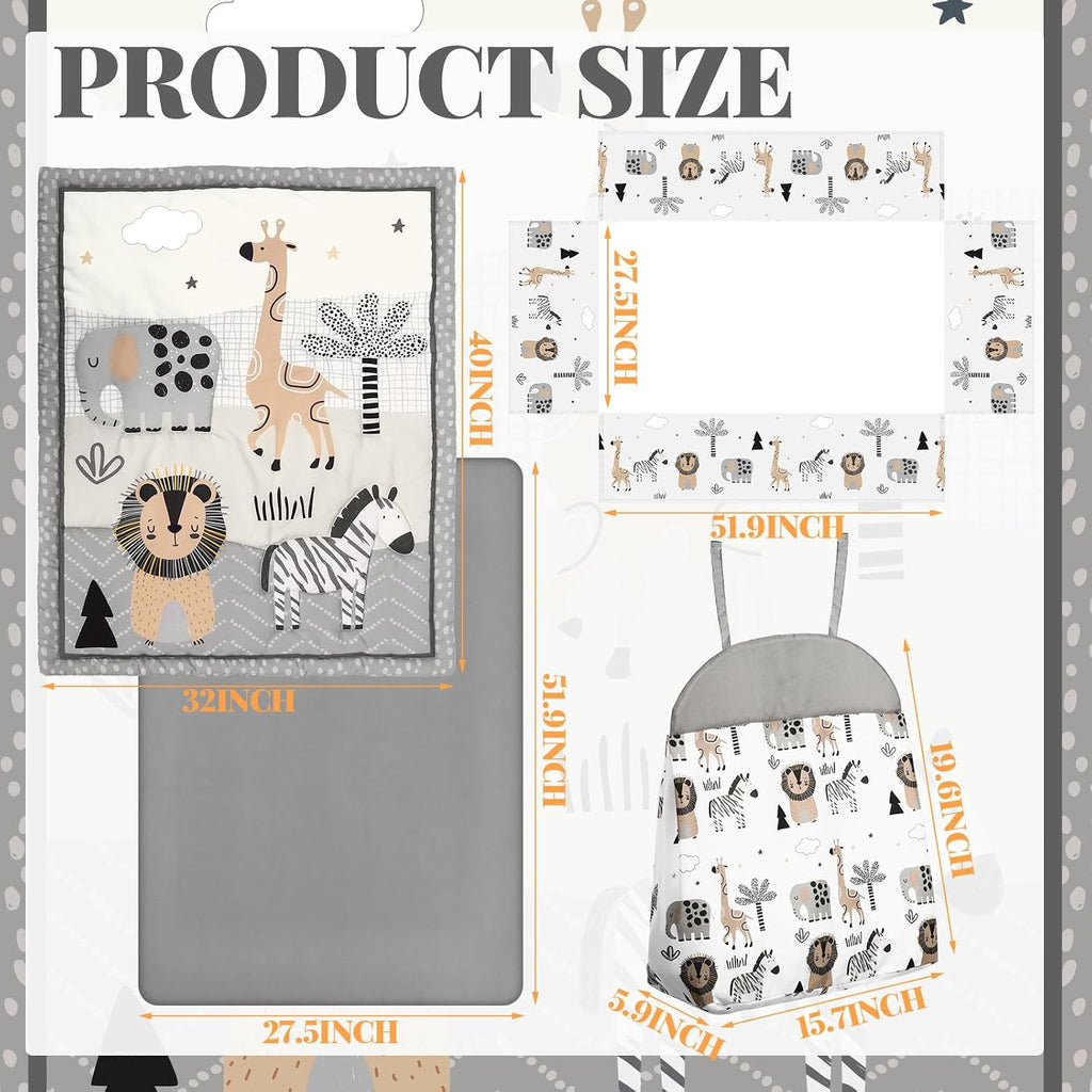 4 Piece Woodland Forest Animals Crib Bedding Set, Including Jungle Safari Crib Skirt, Blanket, Nursery Bed Sheet and