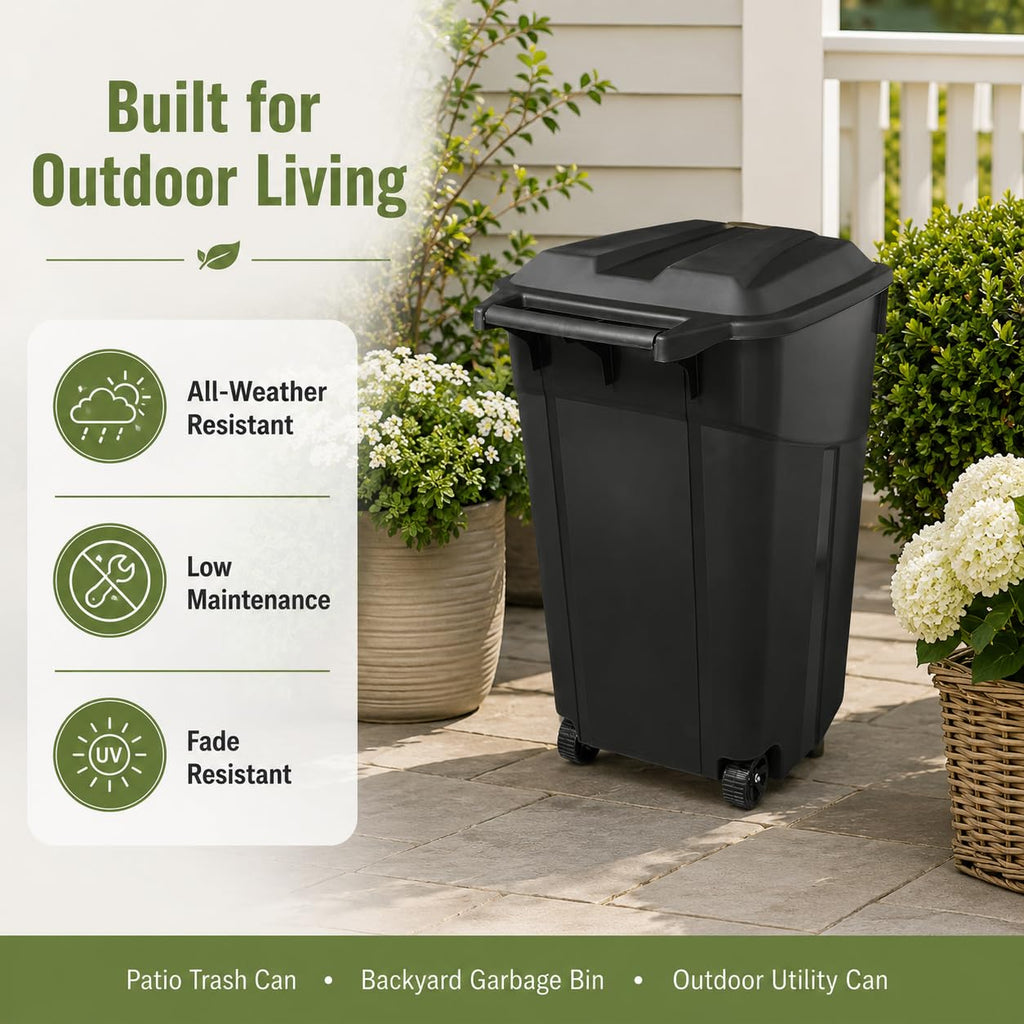 32 Gallon Outdoor Trash Can with Attached Lid Wheeled Heavy-Duty | Garbage Bin, Impact-Resistant Polypropylene
