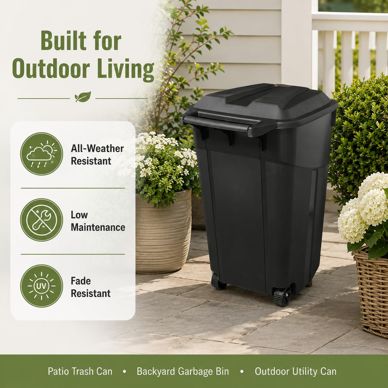32 Gallon Outdoor Trash Can with Attached Lid Wheeled Heavy-Duty | Garbage Bin, Impact-Resistant Polypropylene